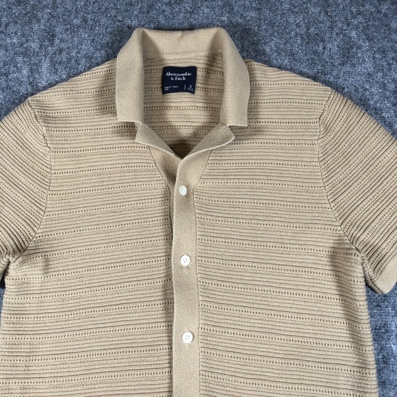 Abercrombie & Fitch Shirt Mens Small Tan Knit Button Front Camp Collar Retro - Picture 7 of 16